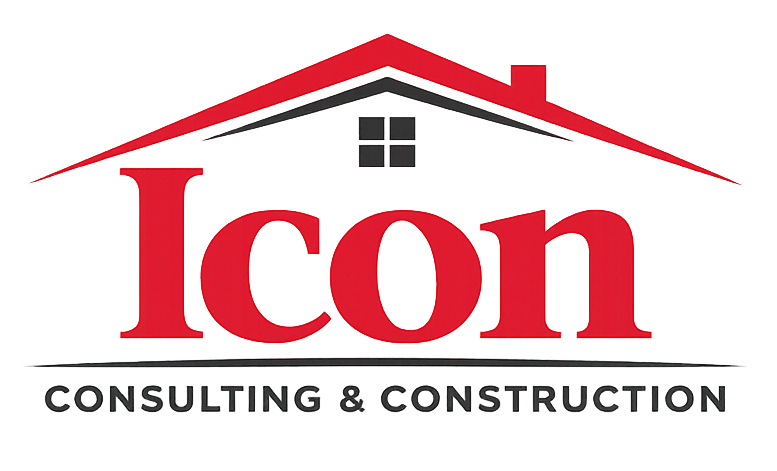 Logo for Icon Consulting & Construction: red word "Icon" under a red house roof, with black text "CONSULTING & CONSTRUCTION" below.