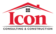 Logo for Icon Consulting & Construction: red word "Icon" under a red house roof, with black text "CONSULTING & CONSTRUCTION" below.
