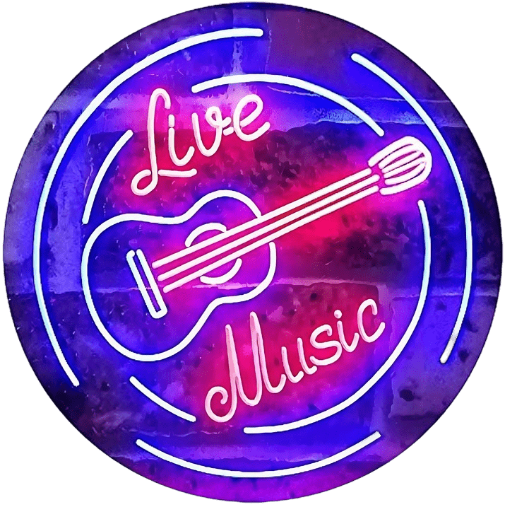 A neon sign with a guitar and the words live music