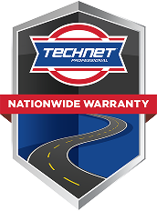 A shield with a road and the words `` technet professional nationwide warranty '' on it. | Import Specialty Service