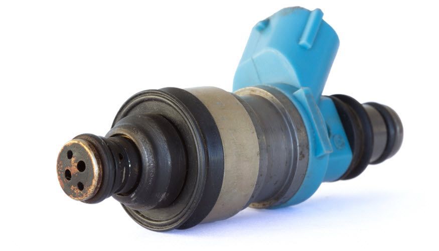 A close up of a blue fuel injector on a white background | Import Specialty Service