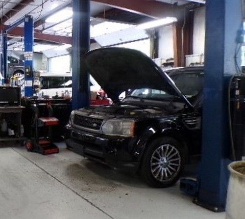 A black car with its hood open in a garage | Import Specialty Service