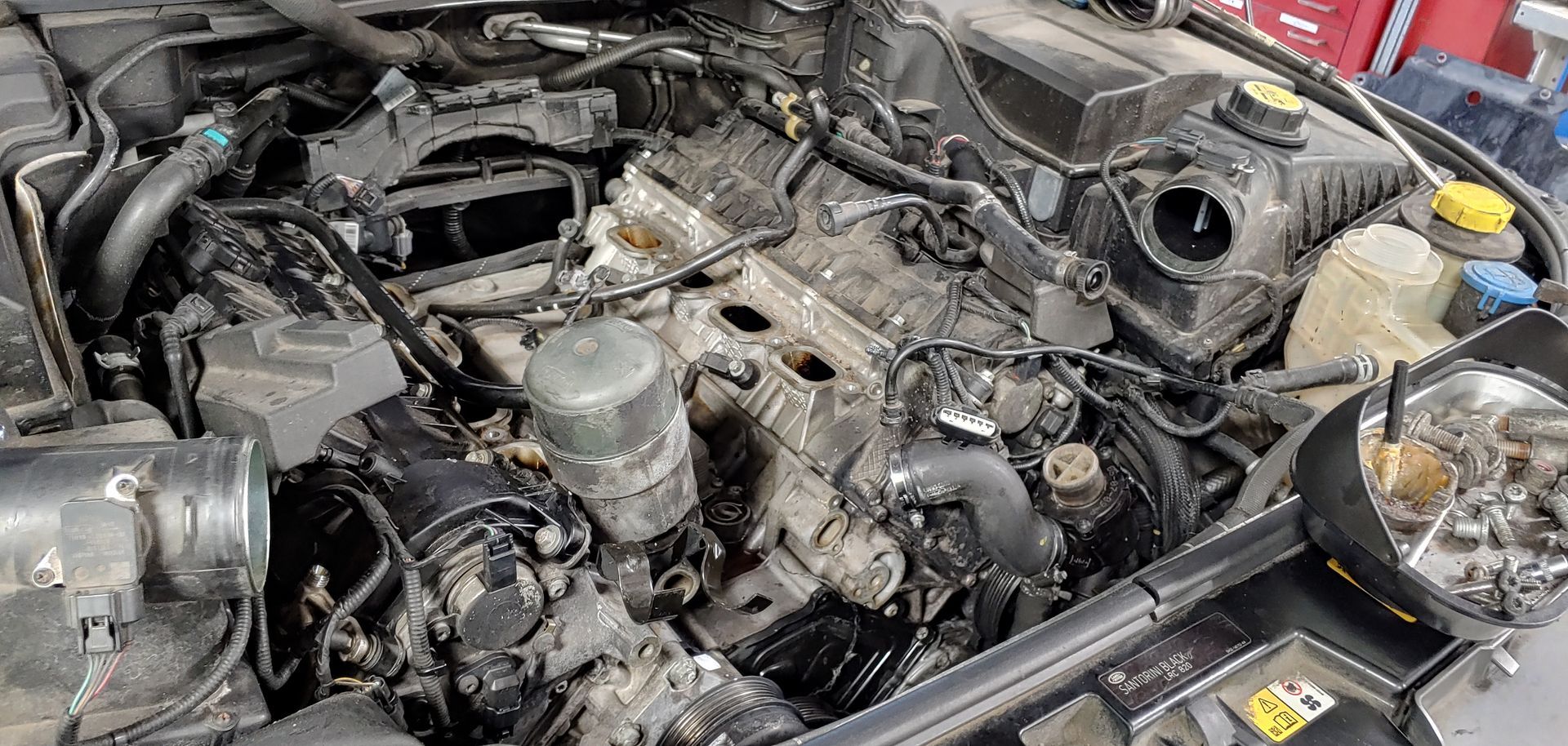 A close up of a car engine with the hood open. | Import Specialty Service