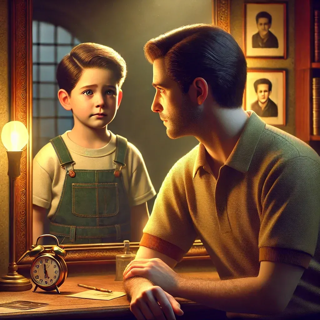 A man is looking at his past reflection of himself as a boy in a mirror
