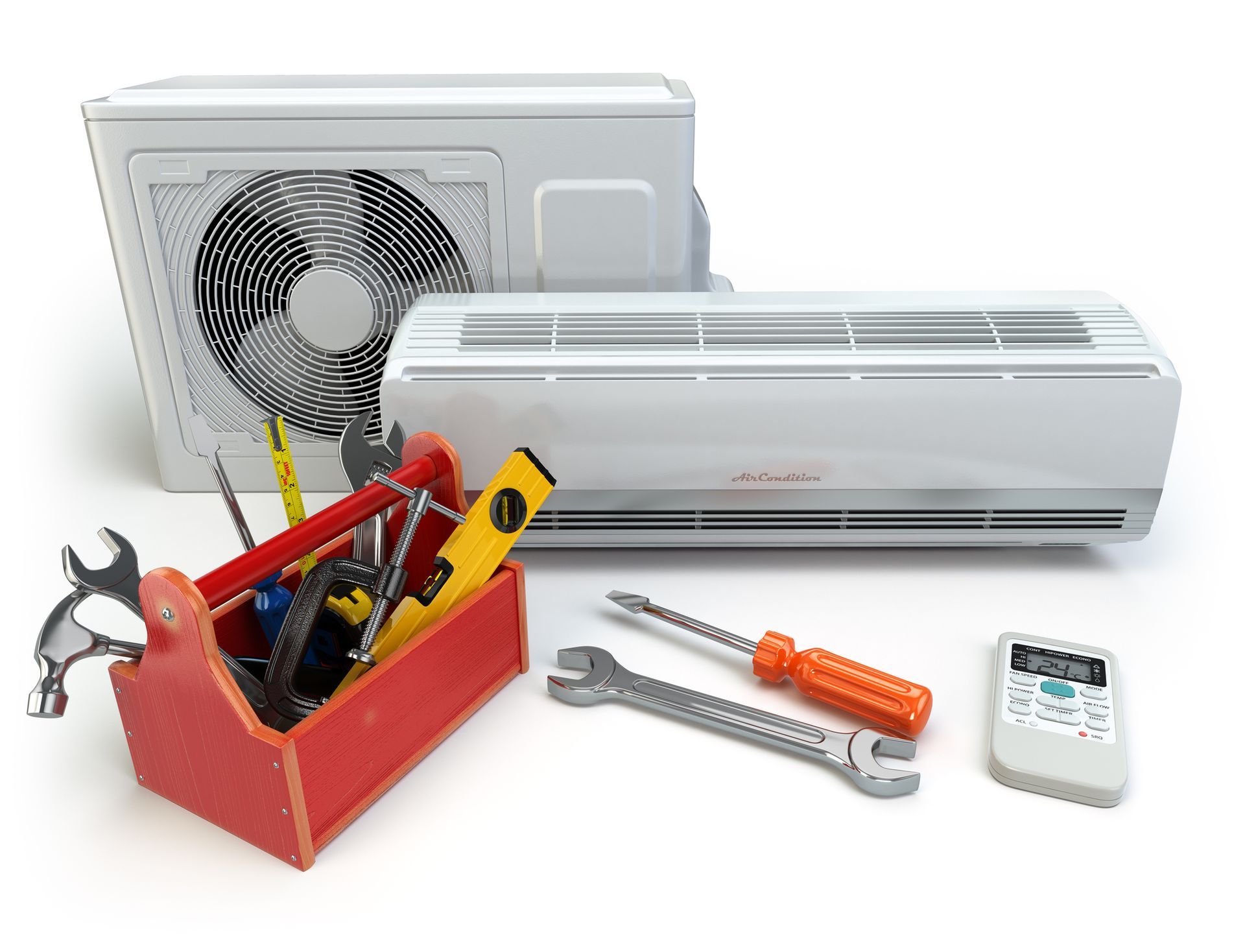 A red toolbox filled with tools and a remote control next to an air conditioner.