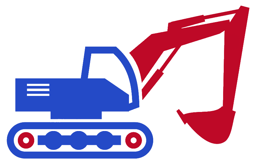 Escavatore blu e rosso su sfondo bianco.