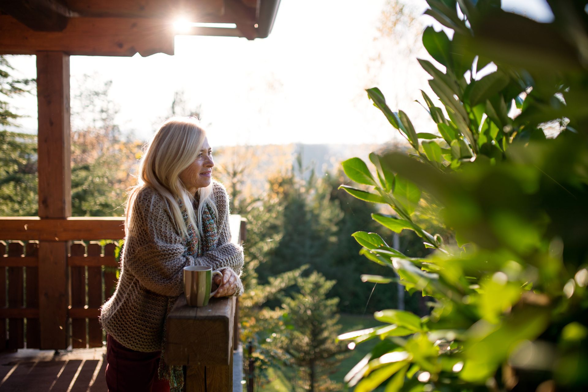 A woman is standing on a balcony looking out over a forest.