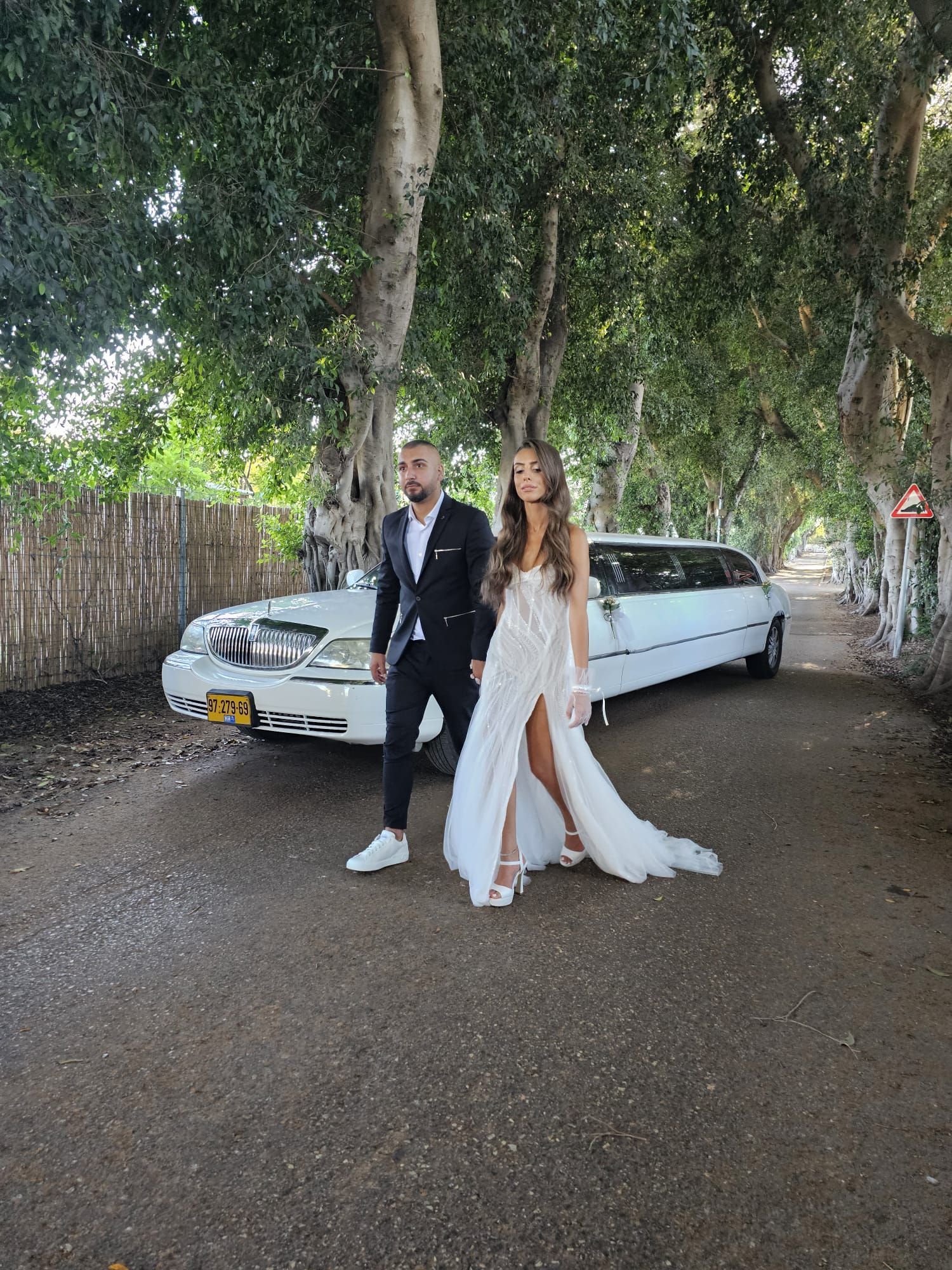 כלה וחתן מצטלמים ליד לימוזינה