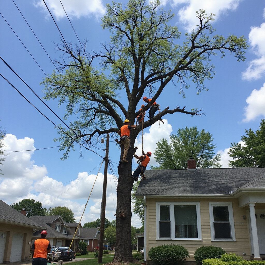 Tree trimmers in orange vests working on a large tree near a house, power lines visible.