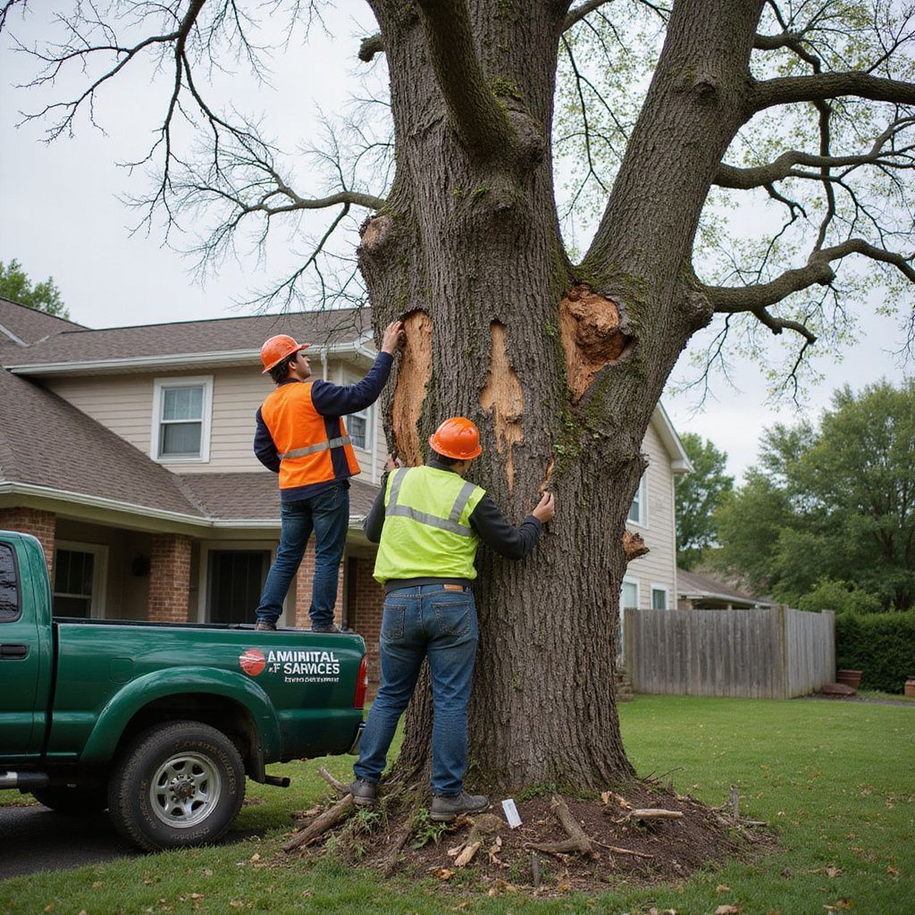 Two workers inspect a large tree, one on a truck. Both wear safety vests and hard hats in a yard near a house.