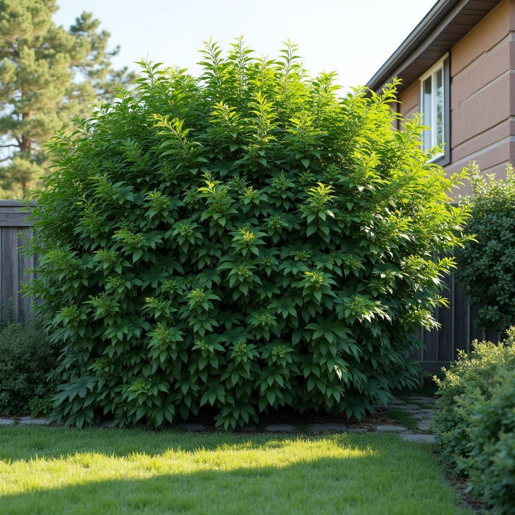 Large, green, leafy bush in a sunny backyard, near a house and lawn.