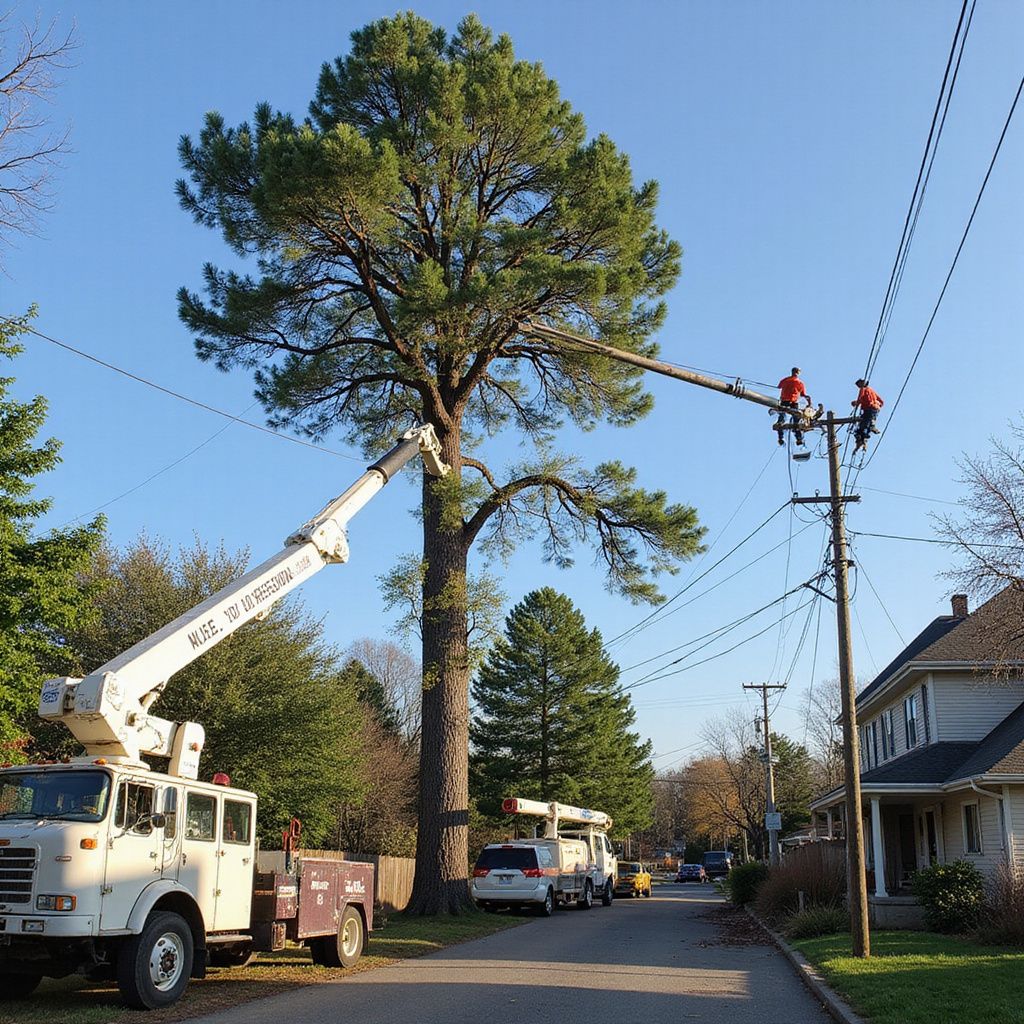 Workers trimming a tree near power lines from a bucket truck on a residential street.