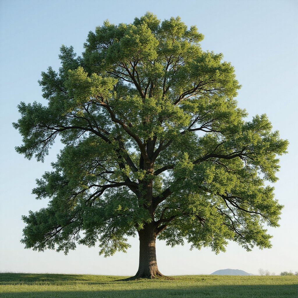 Green oak tree with lush foliage, standing in a field under a clear blue sky.