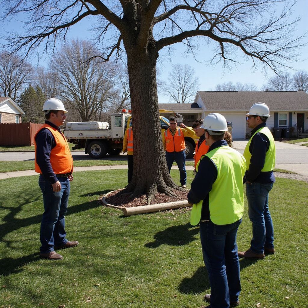 Group of workers in safety vests and hard hats around a tree in a residential yard.