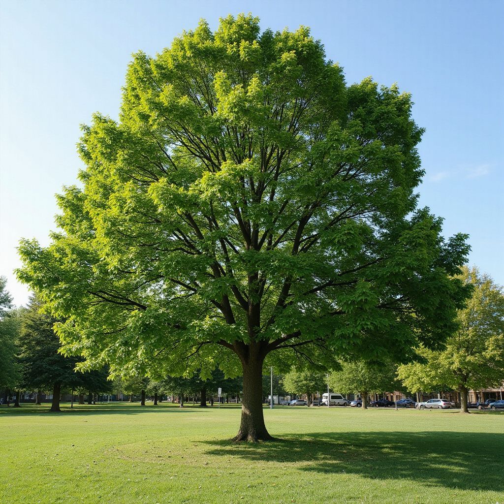 Green leafy tree in a grassy park, bright blue sky in background.