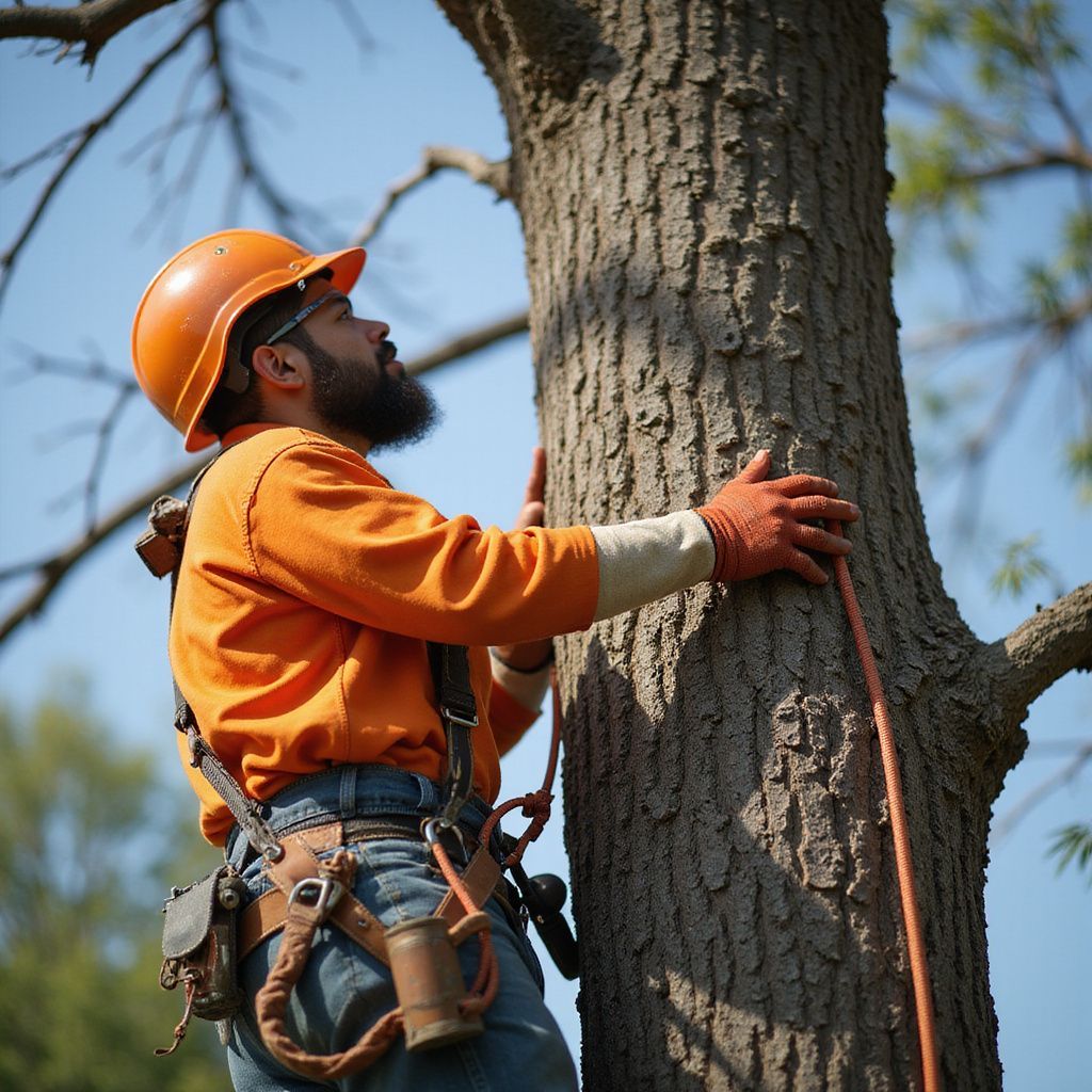 Arborist in an orange helmet and shirt, climbing a tree, holding a rope, wearing a harness.