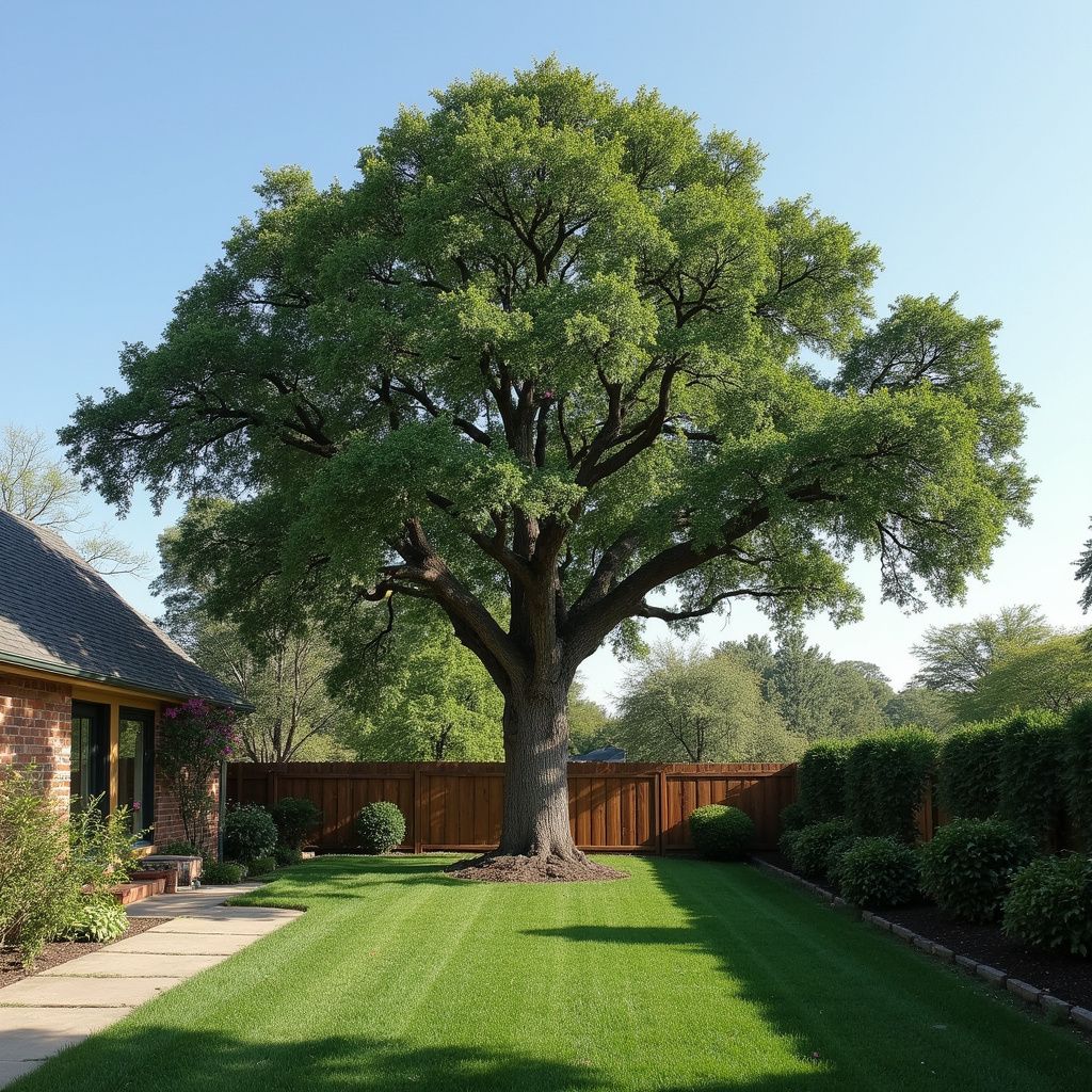 Large oak tree in a backyard with a brick house, wooden fence, and green lawn.