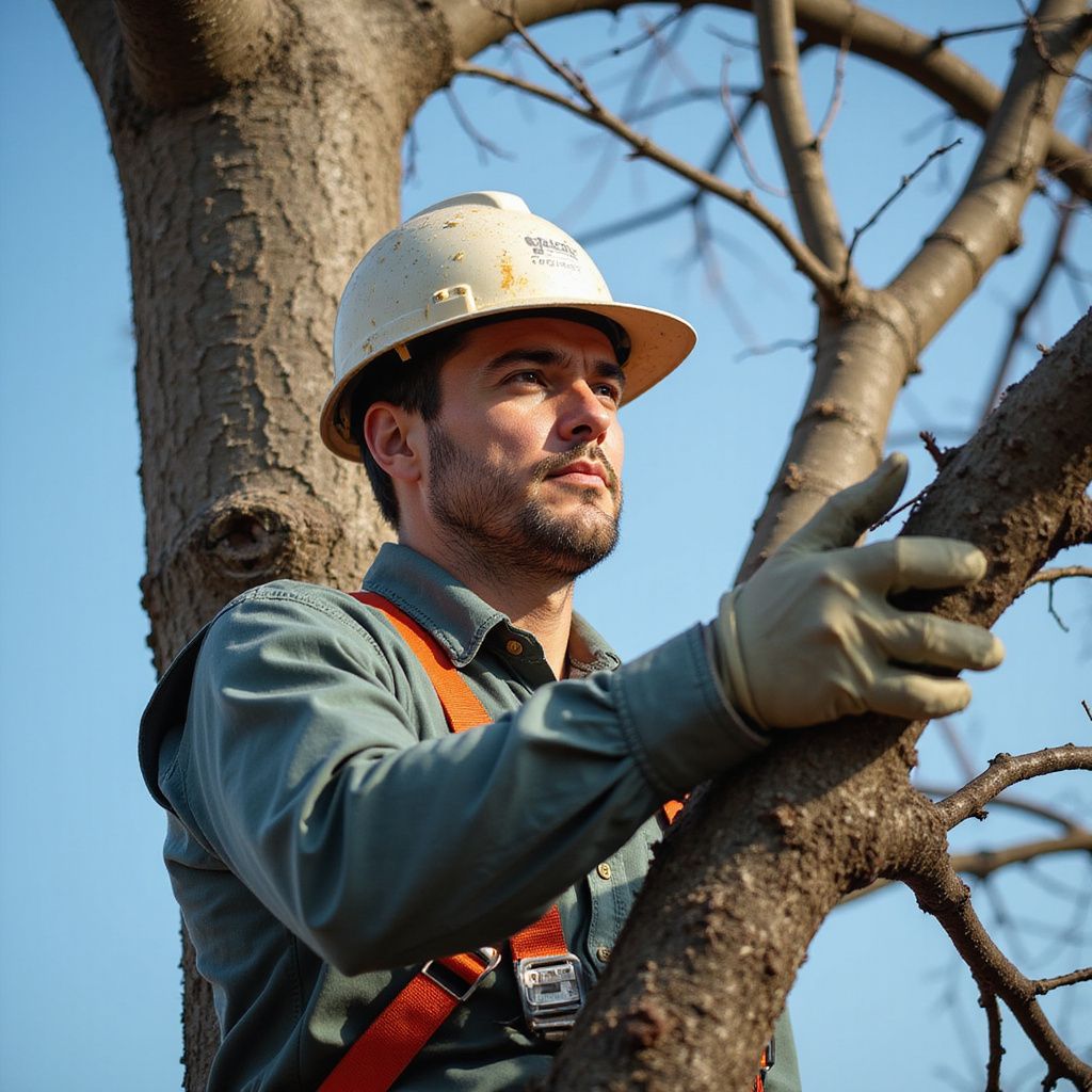 Arborist wearing a hard hat and gloves, holding onto a tree branch, looking up at the sky.