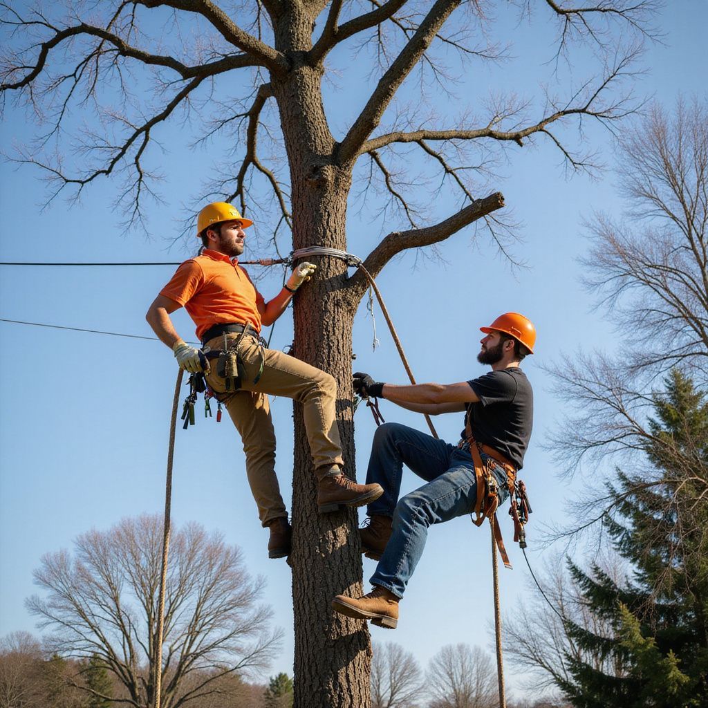 Two tree climbers in harnesses, on a tall tree, in orange and black shirts, helmets, sunny day.