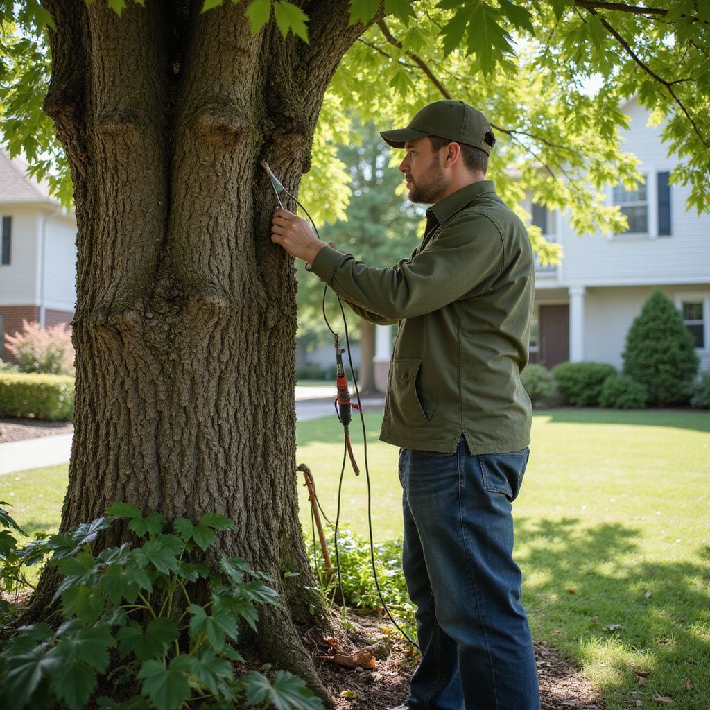 A person in a green shirt and hat working on a tree with a saw. Outdoors, sunny day.