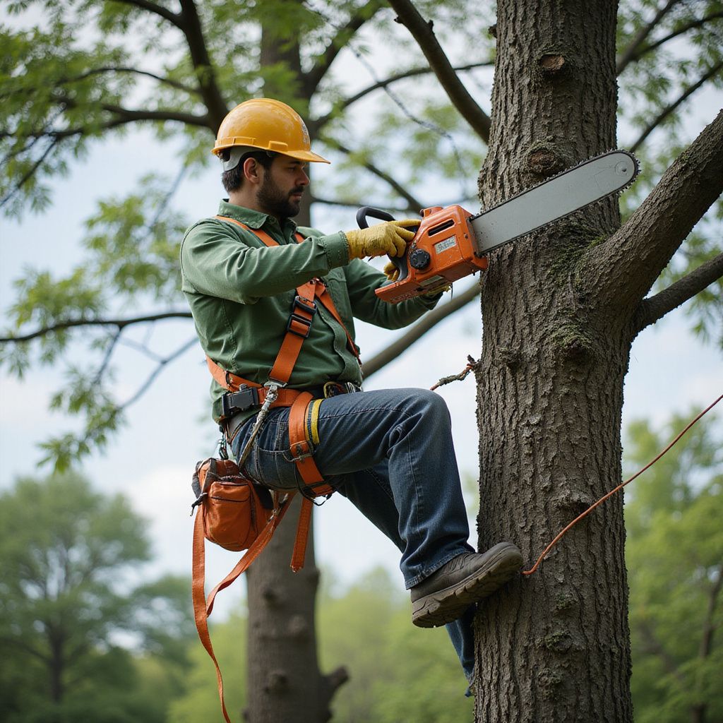 Arborist in hard hat and safety harness using chainsaw in a tree.