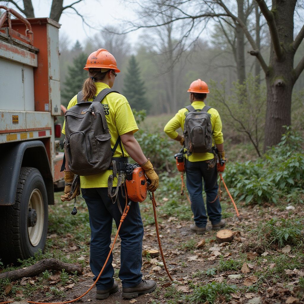 Two arborists wearing orange helmets and backpacks stand near a truck in a wooded area.