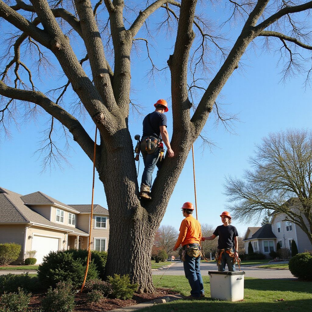 Three people with safety gear trimming a large tree in a residential area.