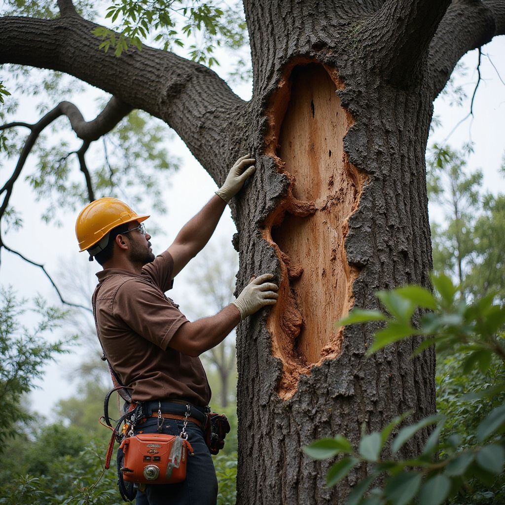Arborist in a hard hat inspecting a large tree with a significant cavity in a wooded area.