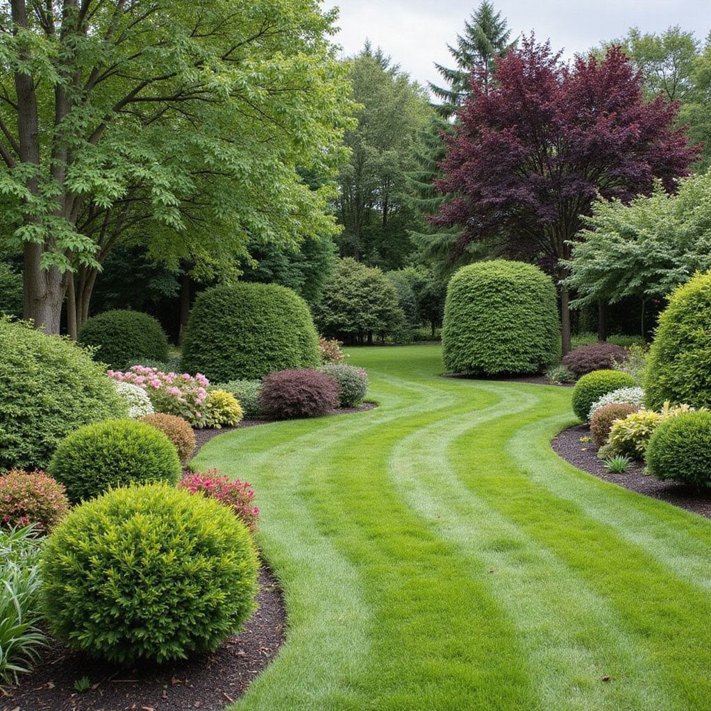Lush green garden with curved path through manicured hedges, colorful bushes, and trees under a cloudy sky.
