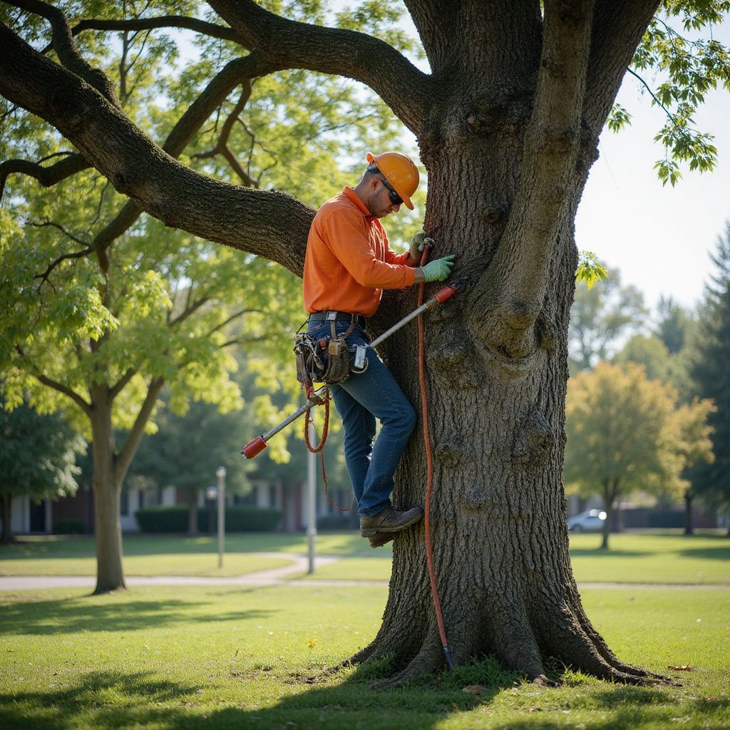 Arborist in orange shirt, hardhat, and jeans using tool on a tree, park setting.