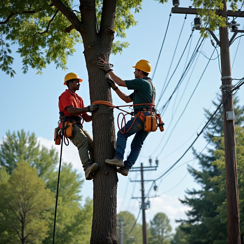 Tree Service in Redlands, CA photo Two tree trimmers in Redlands, CA, harnesses and hard hats, climbing a tree near power lines.