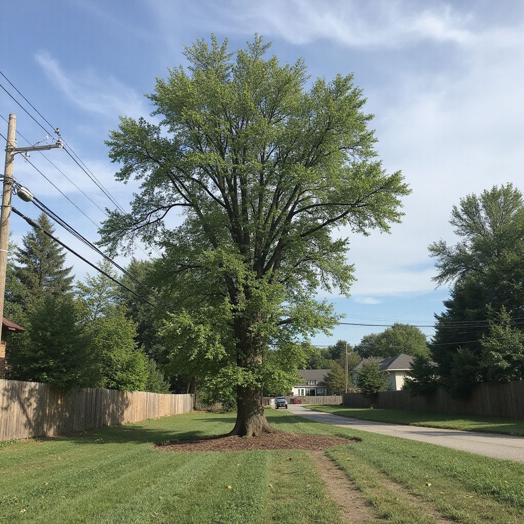 Large tree in a grassy yard, next to a road, with power lines in the background.