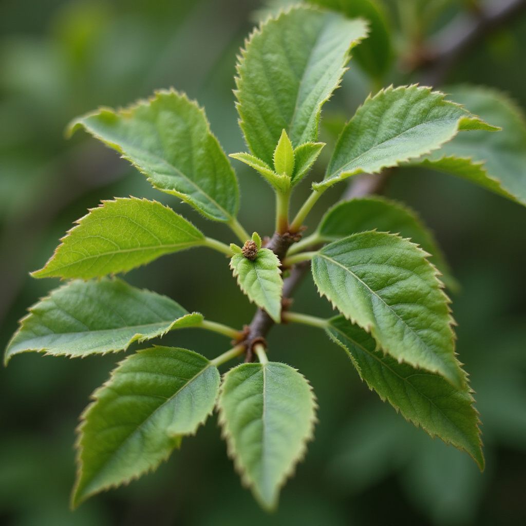 Green leaves growing on a slender tree branch.