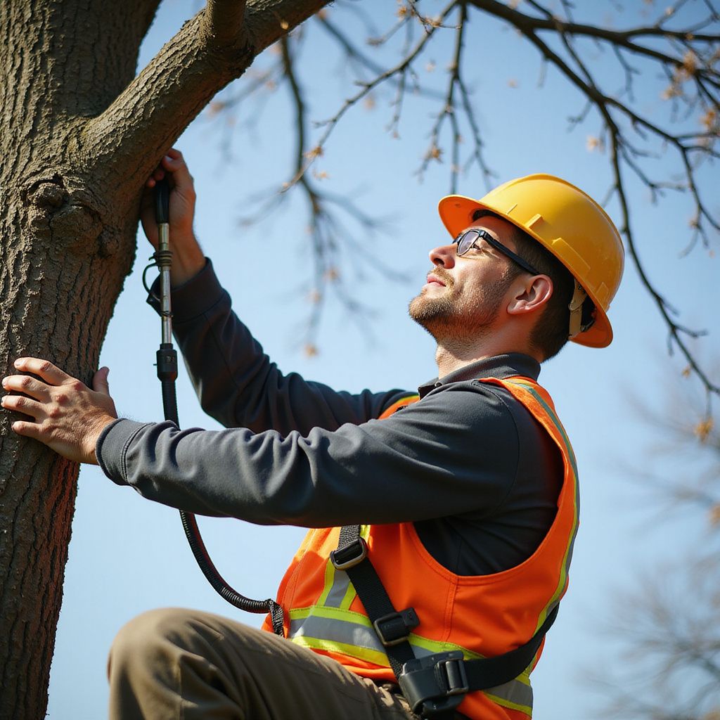Arborist in safety gear climbs a tree, securing a harness. Bright orange vest, yellow hard hat.