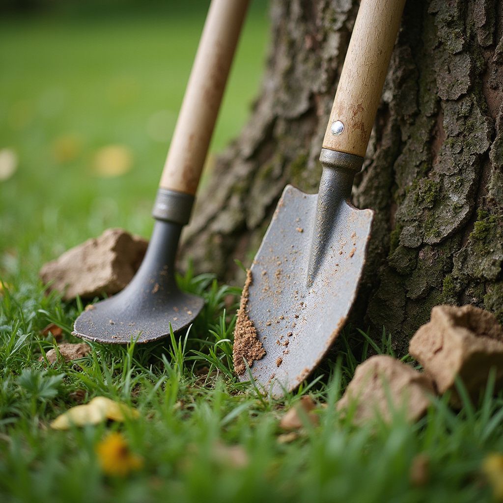 Shovel and tool leaning against a tree trunk in grass, with small bricks scattered.