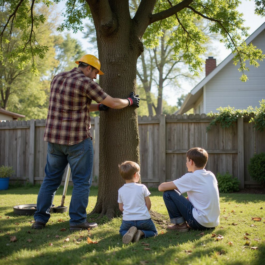 Man in a hard hat inspecting a tree while two children watch in a backyard.