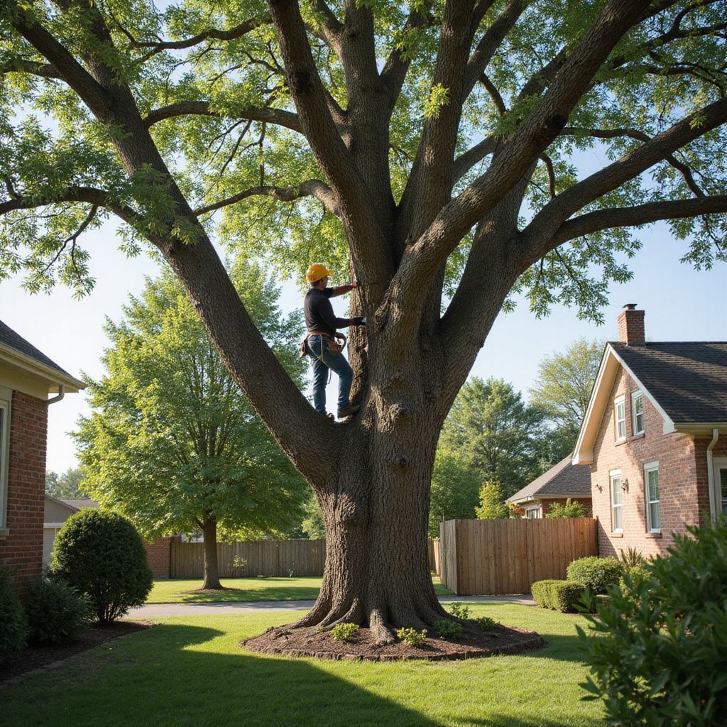 Arborist in a large tree trimming branches in a residential yard.
