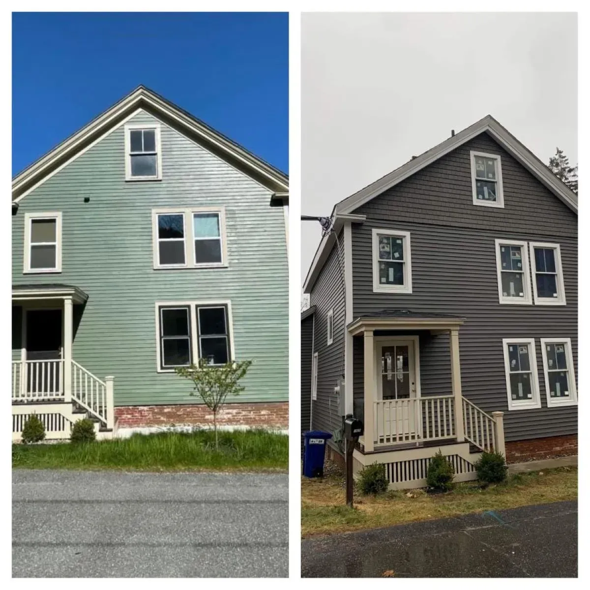 Two pictures of a house before and after being painted