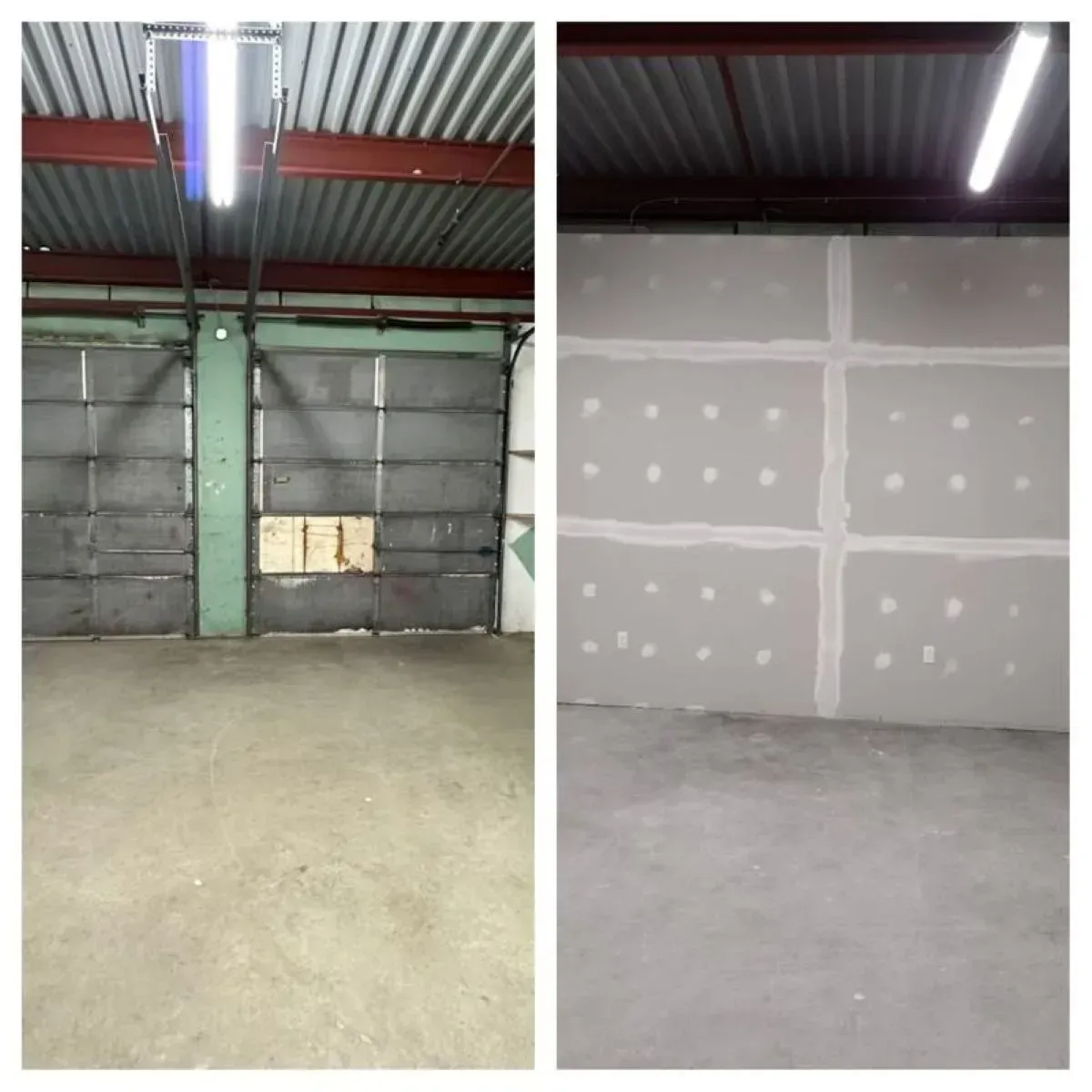A before and after picture of a garage door
