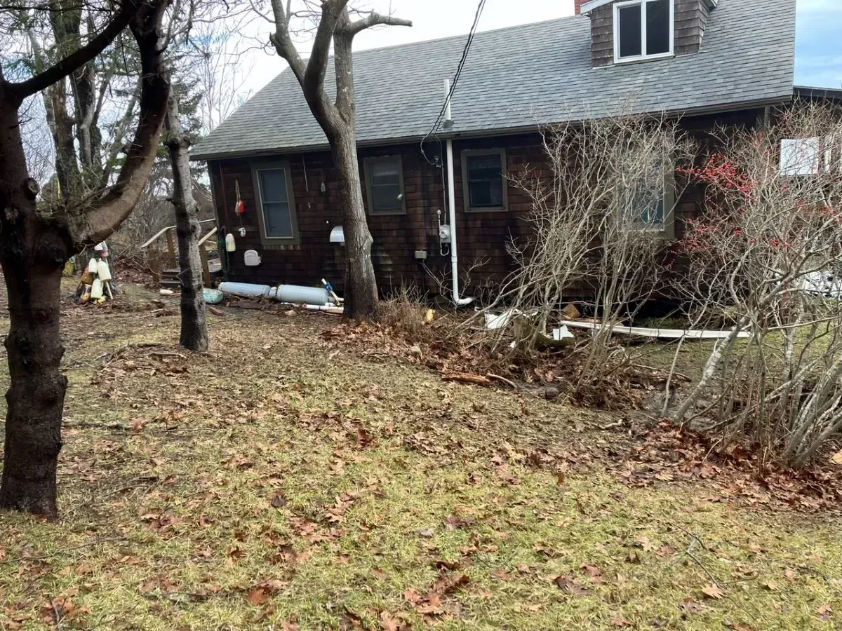 A house with a gray roof is surrounded by trees and leaves.