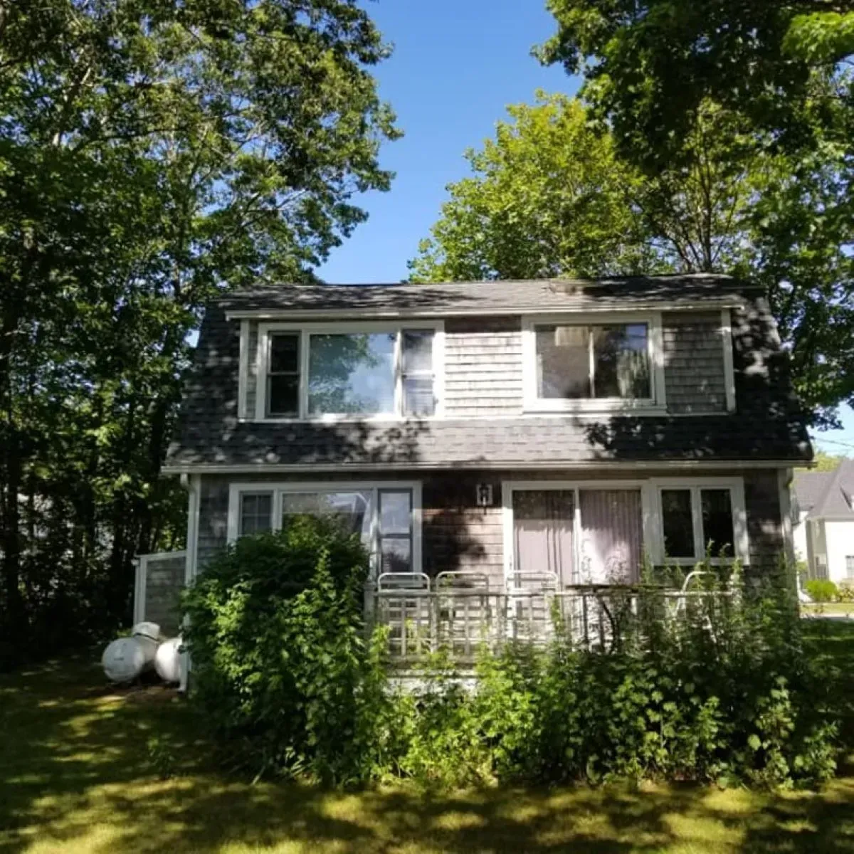 A house is surrounded by trees on a sunny day