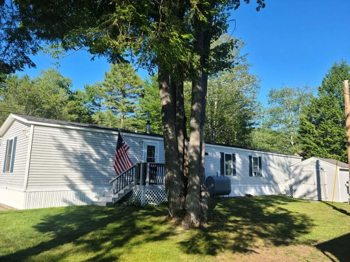 A mobile home with a tree in front of it and an american flag.