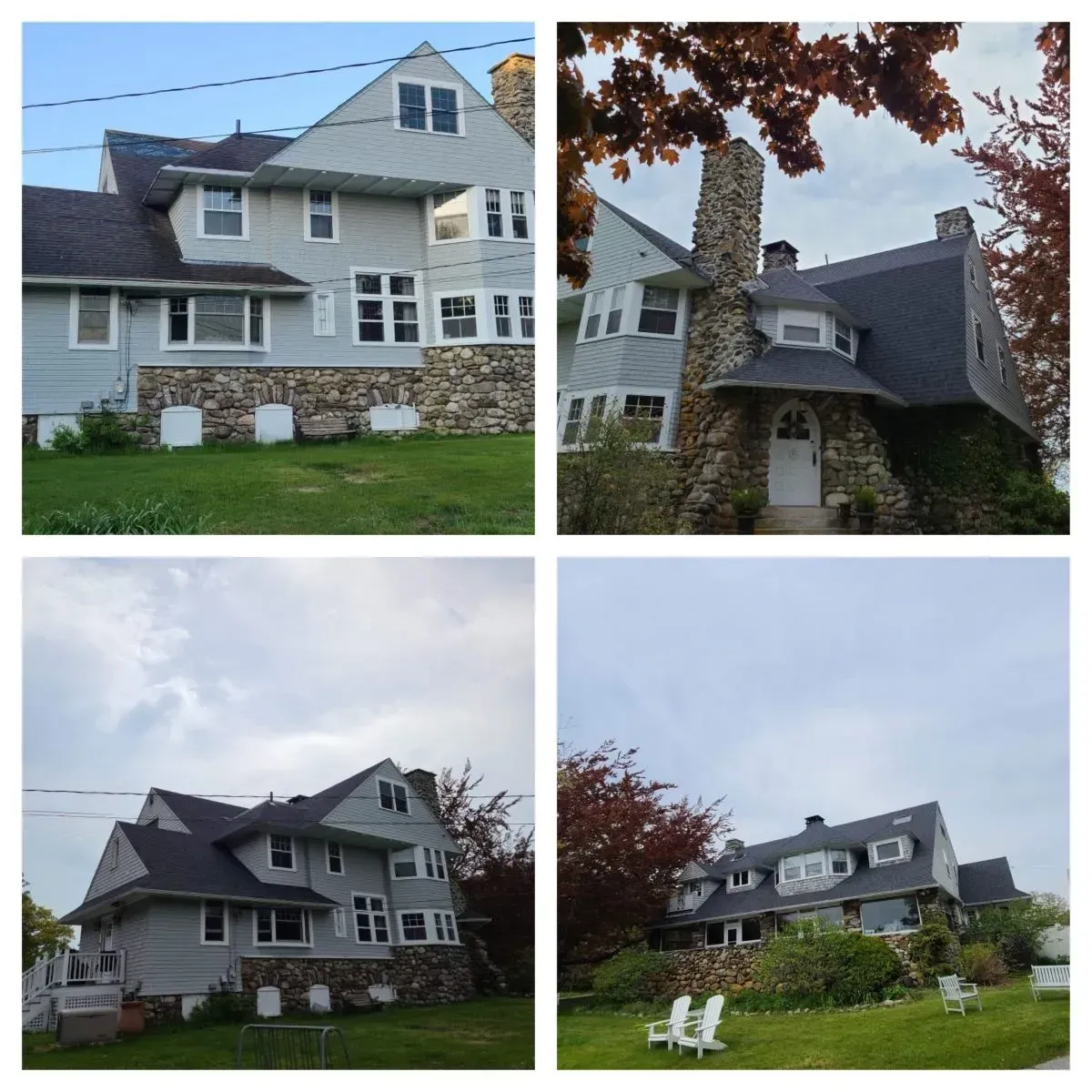 A collage of four pictures of a large house