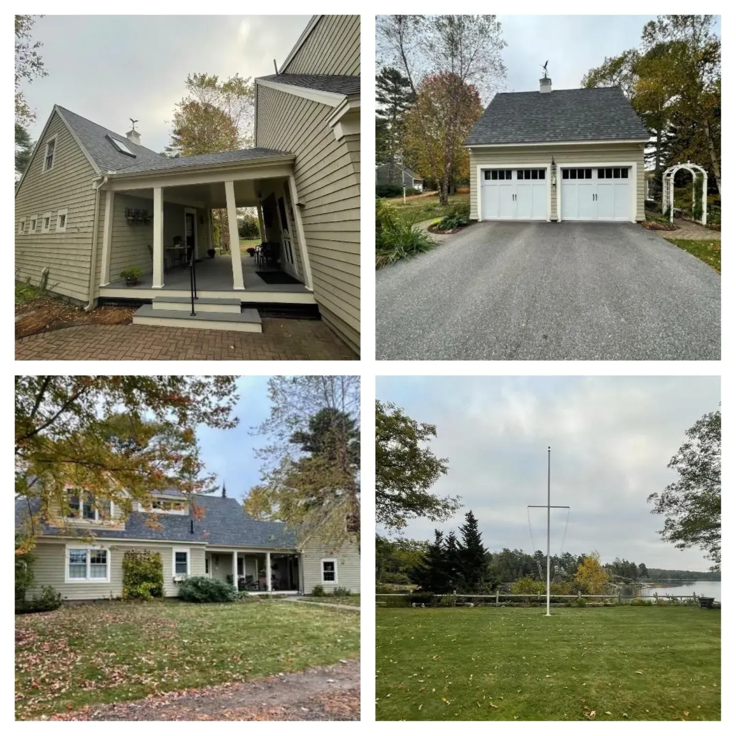 A collage of four pictures of a house and a garage