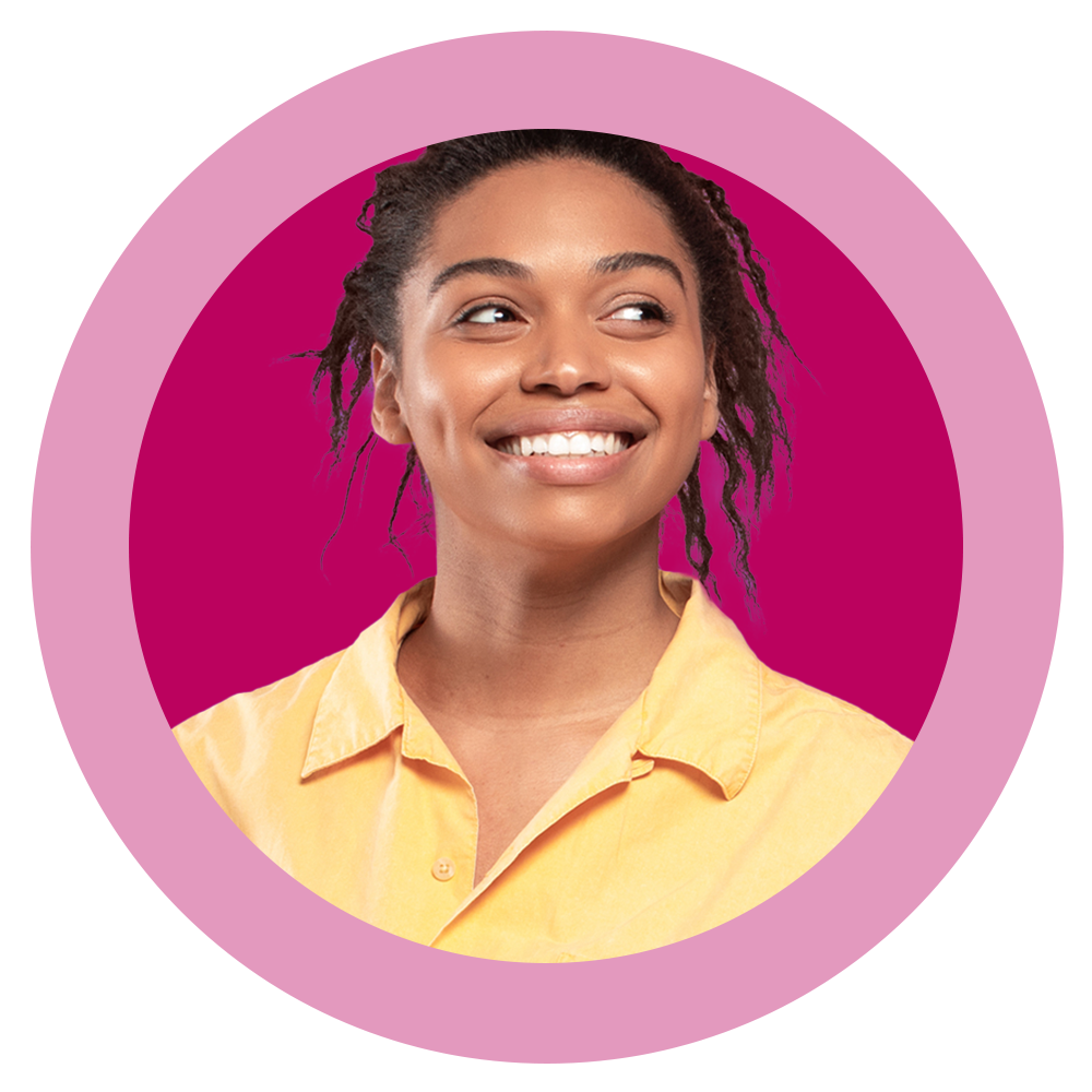 A woman in a yellow shirt is smiling in a pink circle.