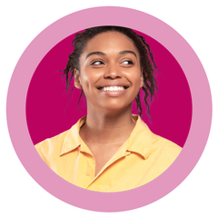 A woman in a yellow shirt is smiling in a pink circle.