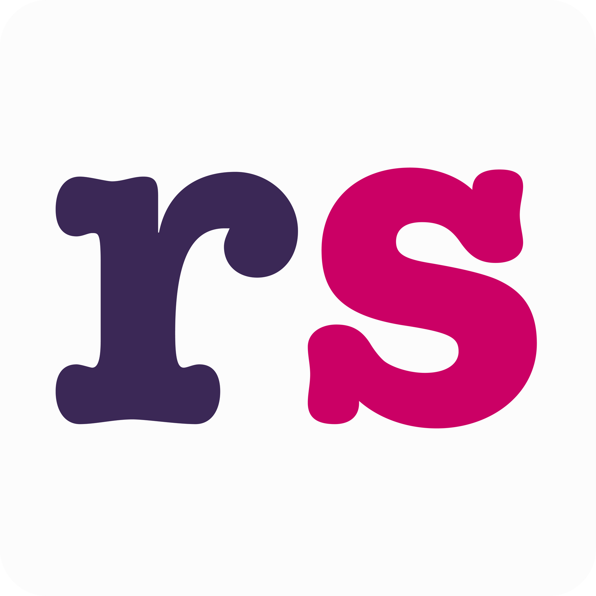 The letter rs is purple and pink on a white background.