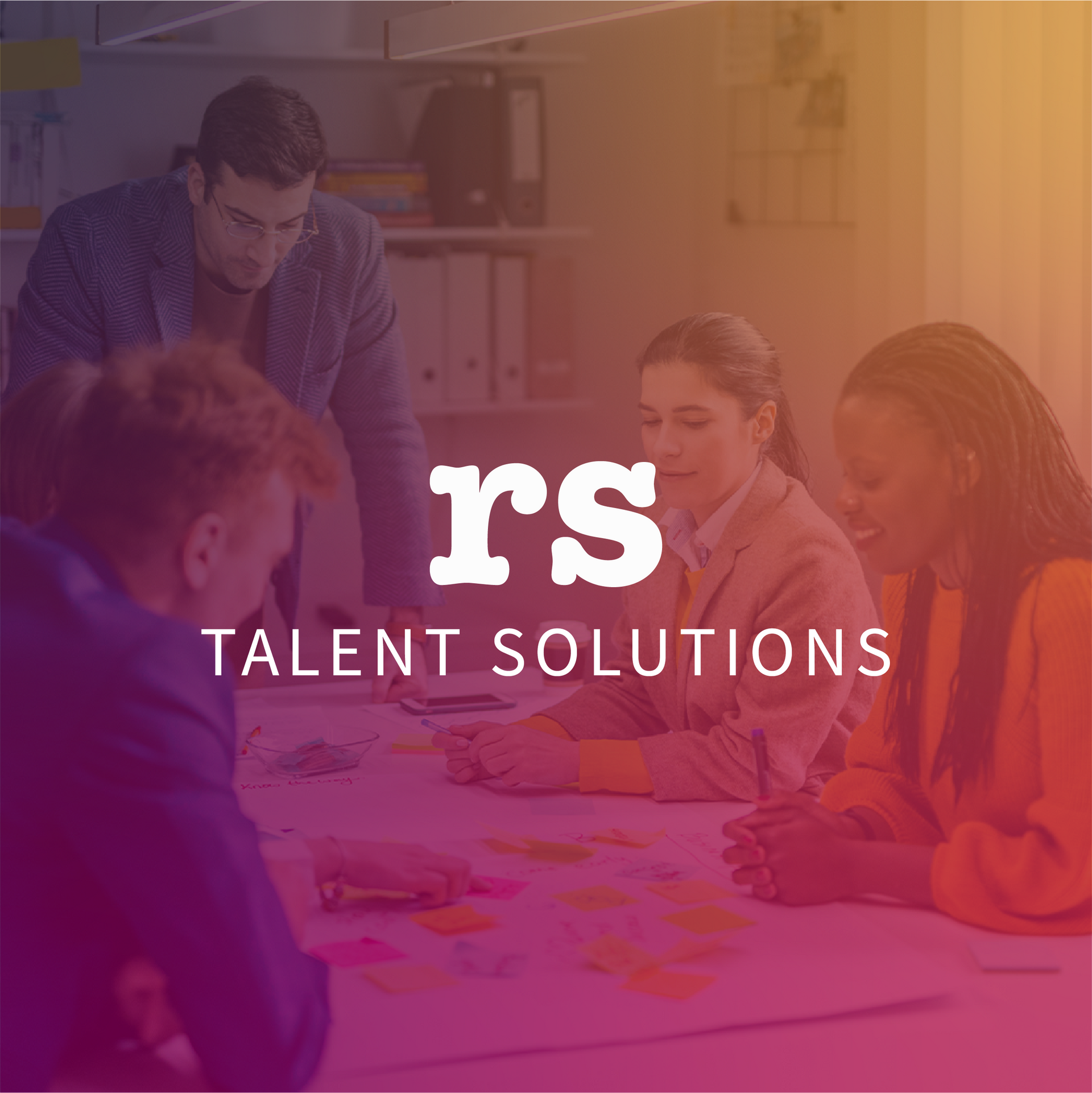 A group of people are sitting around a table with the logo for talent solutions.