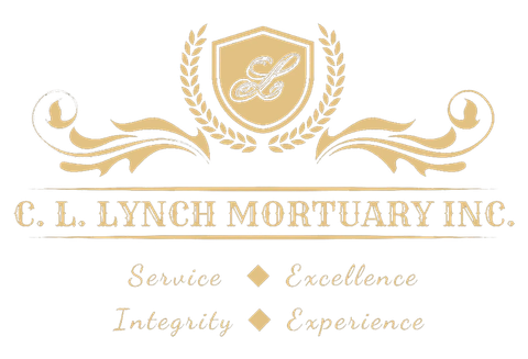 The logo for c.l. lynch mortuary inc. is a gold logo with a shield and laurel wreath.