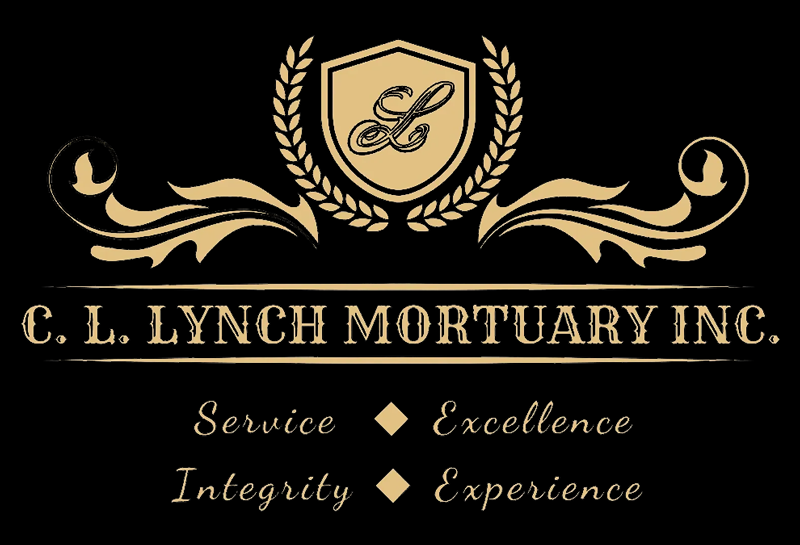 A logo for c.l. lynch mortuary inc. with a shield and laurel wreath